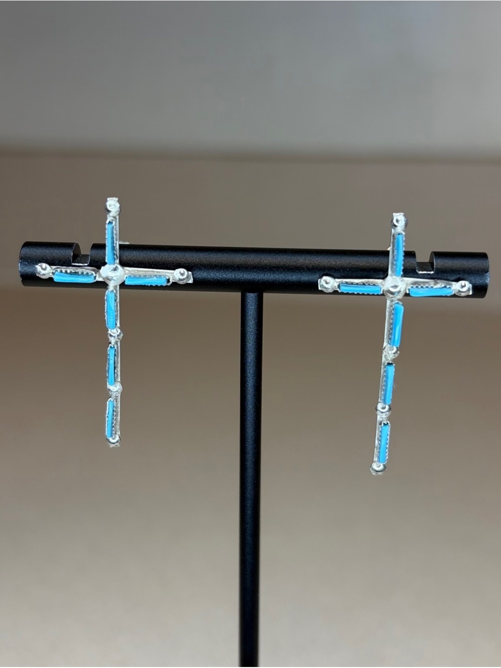 Zuni 925 Sterling Silver Pin Point Turquoise Cross Earrings